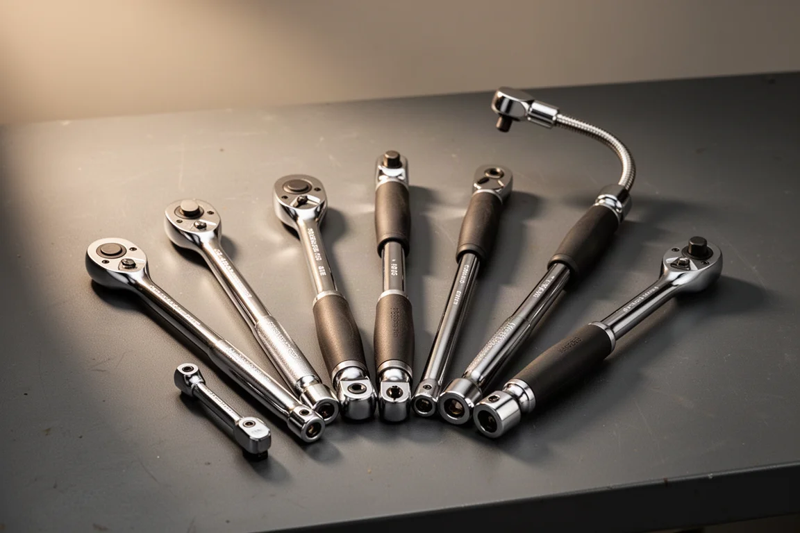 Six 3/8 ratchets of varying lengths fanned out on a dark workbench