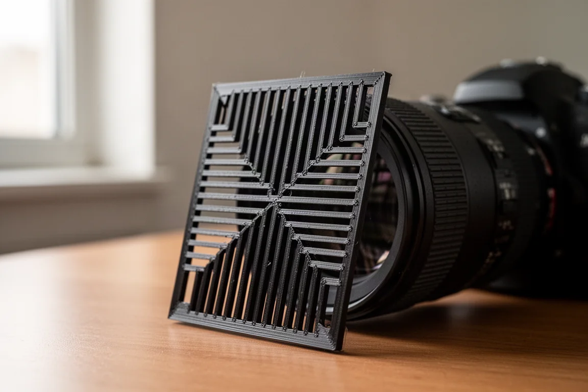 Primo piano di una maschera di messa a fuoco Bahtinov stampata in 3D appoggiata su un obiettivo fotografico