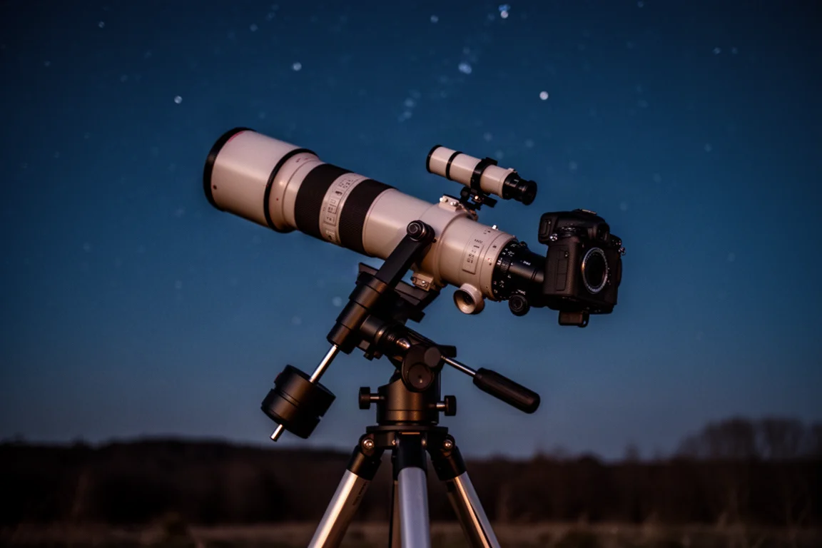 Rig per imaging del cielo profondo su una montatura sotto un cielo stellato buio