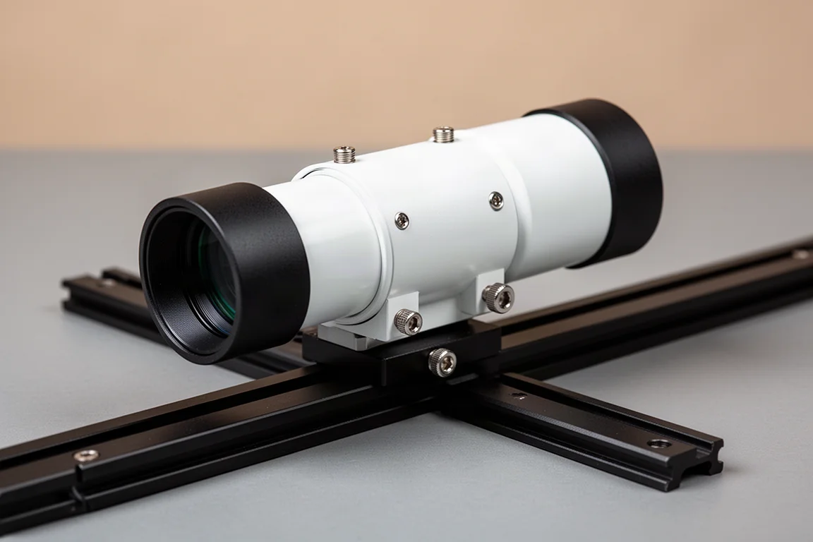 Piccolo guide scope bianco fissato alla barra dovetail di un telescopio