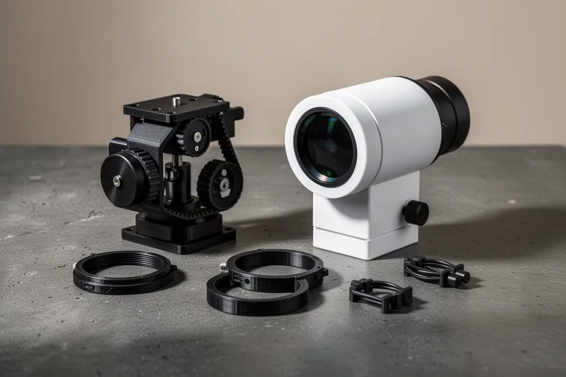 Collection of 3D printed astrophotography gear including a star tracker, guide scope, lens rings and cable clips