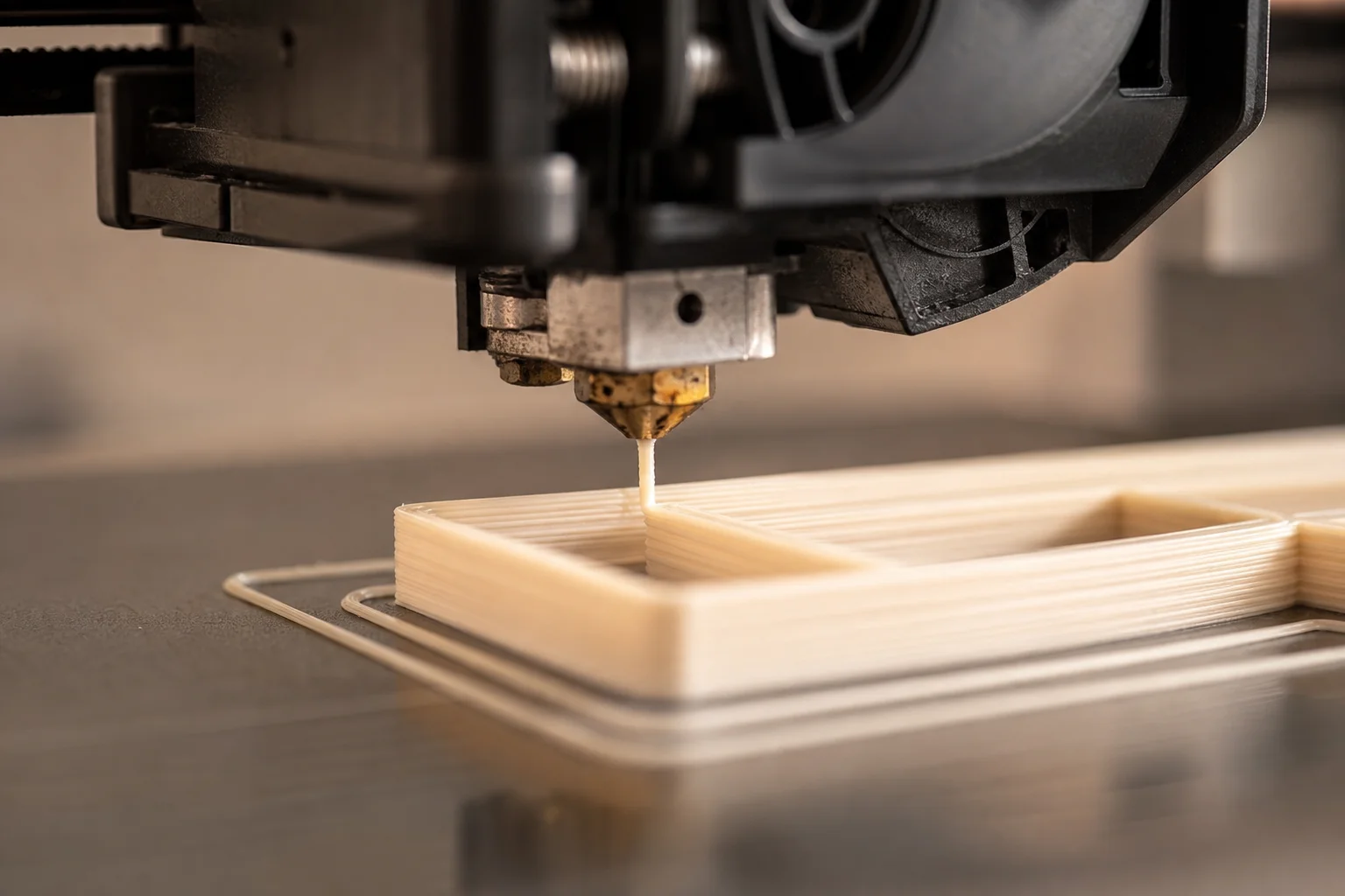 3D printer nozzle extruding PLA filament onto heated build plate