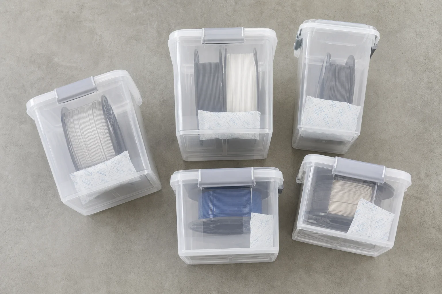 Desiccant packs and storage containers for keeping 3D printer filament dry