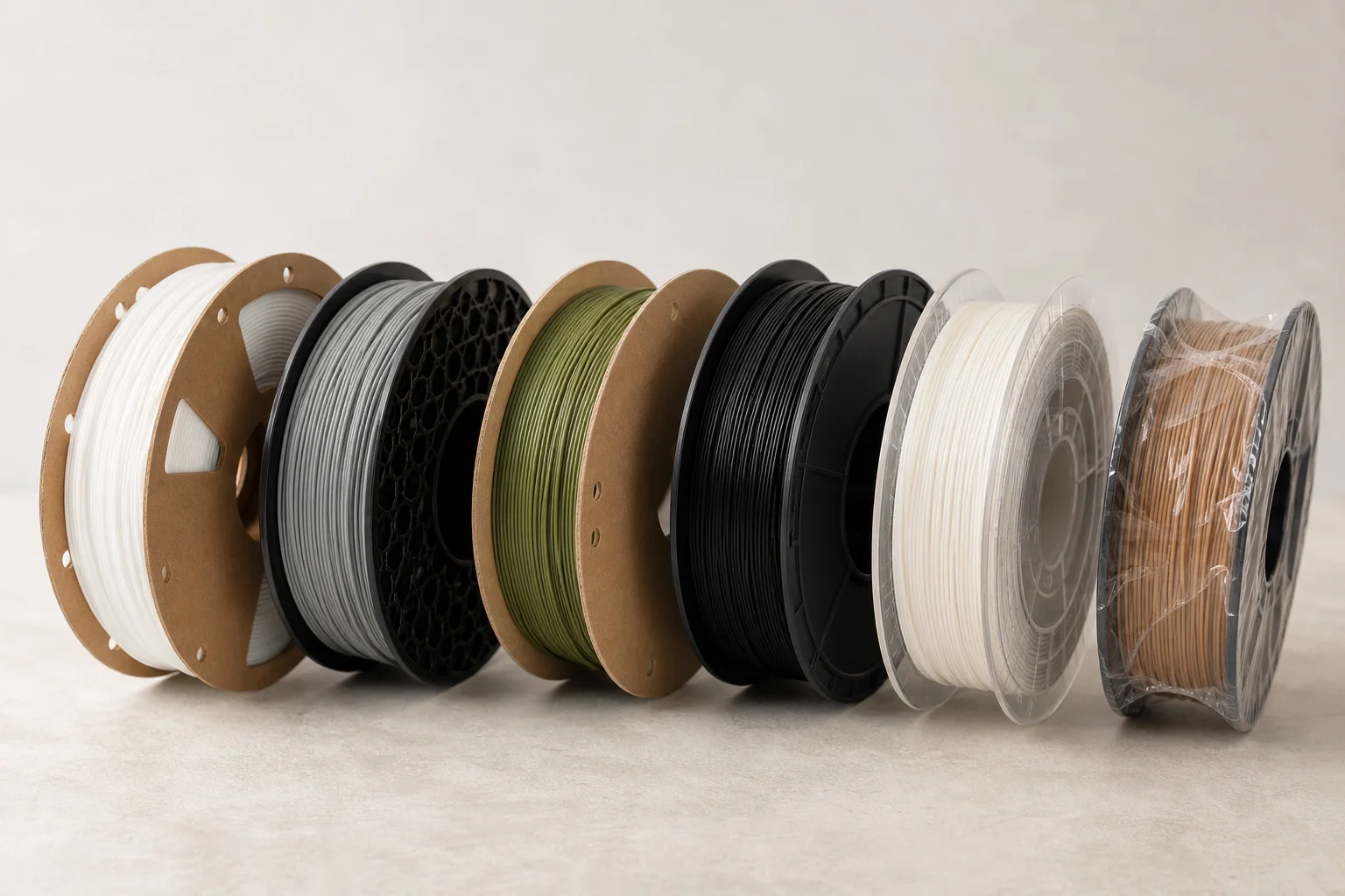 Comparison of different 3D printer filament spools showing winding quality and packaging