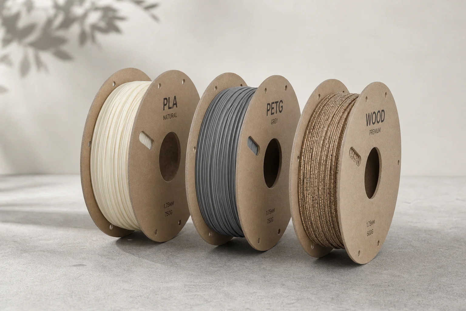 Collection of 3D printer filament spools on concrete surface including PLA, PETG, and specialty materials