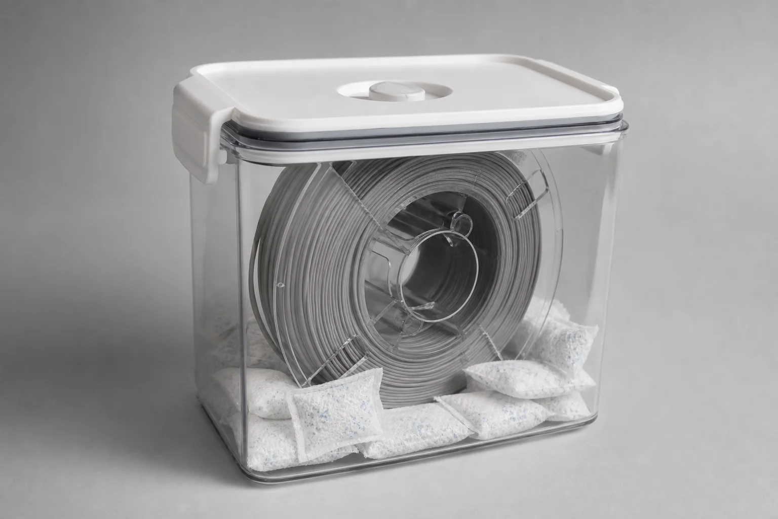 PETG filament spool stored in airtight container with desiccant packs