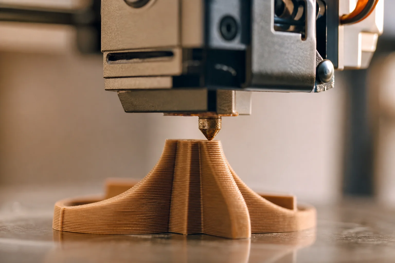 Gros plan sur la buse d'une imprimante 3D extrudant une couche de filament plastique détaillée