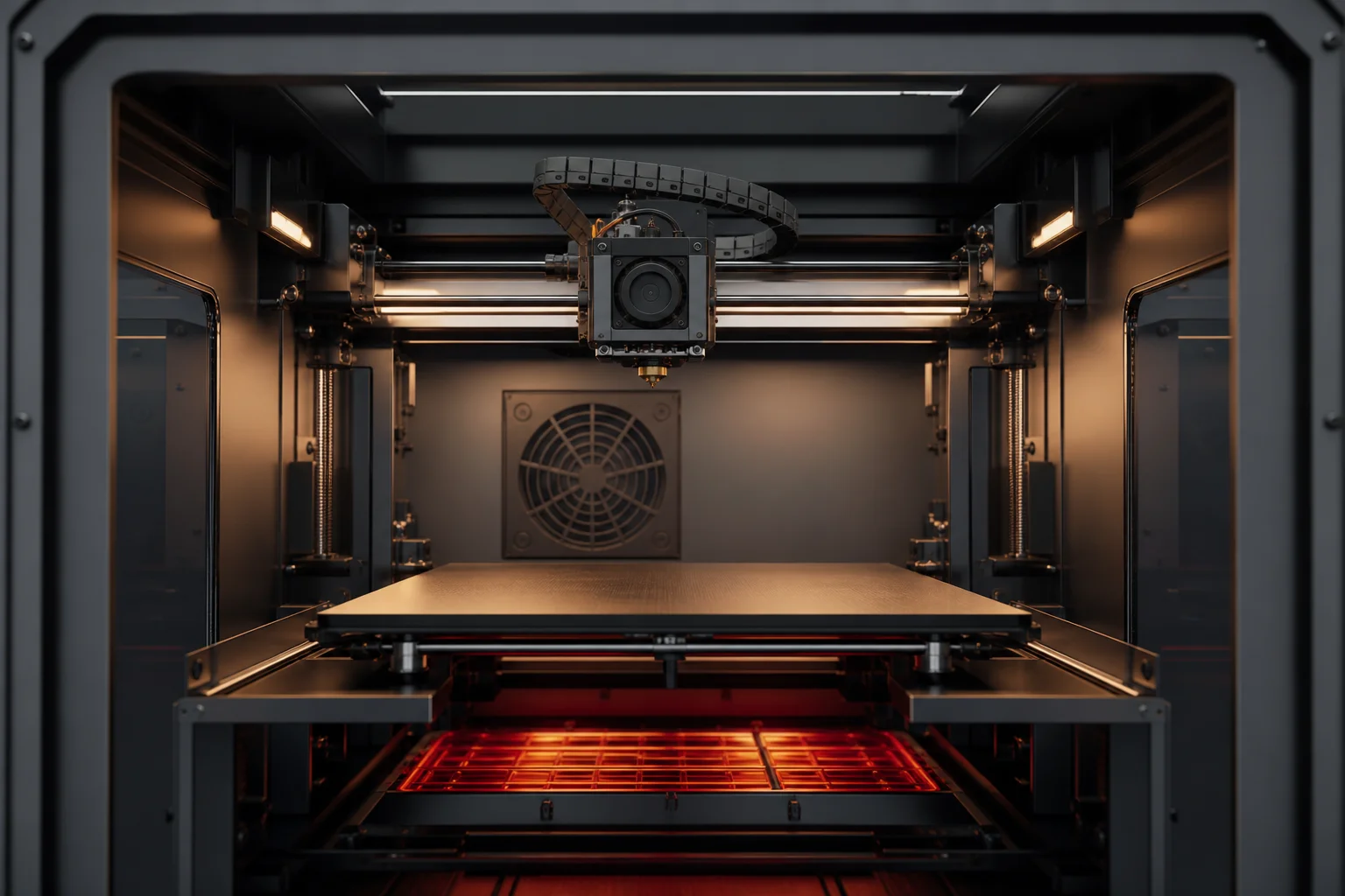 Vue intérieure de la chambre d'une imprimante 3D fermée avec des éléments chauffants visibles