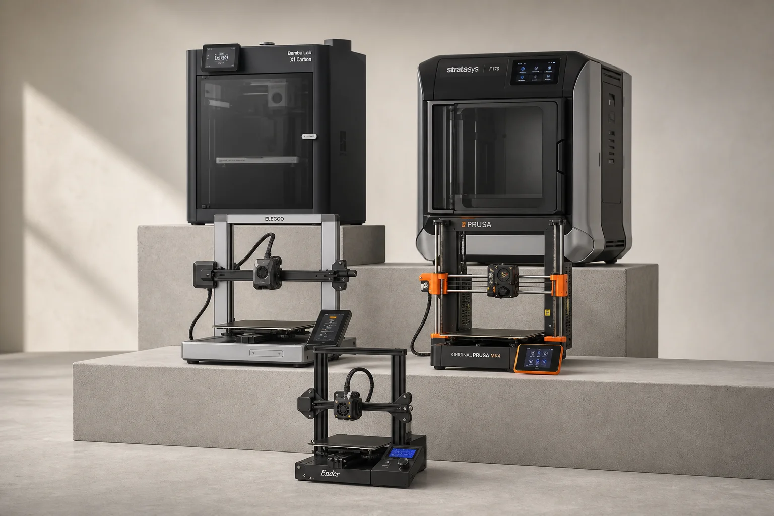 Six 3D printers arranged by size and capability on a concrete surface