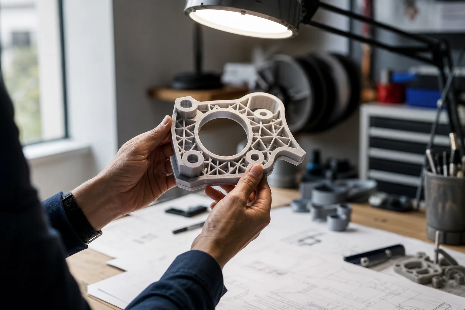 Ingénieur examinant un prototype imprimé en 3D sur un établi
