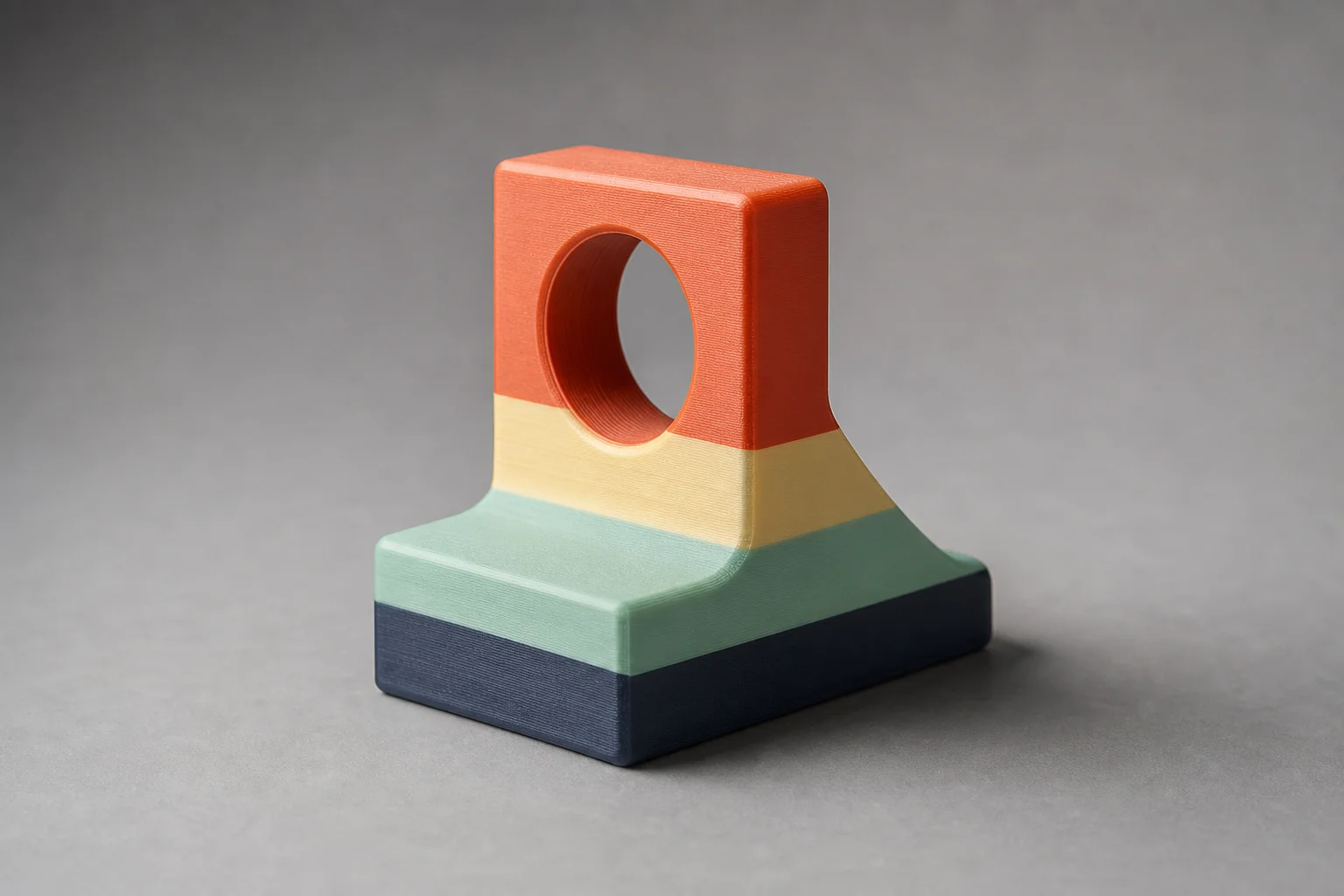 Objet imprimé en 3D multicolore affichant des couleurs vives en couches