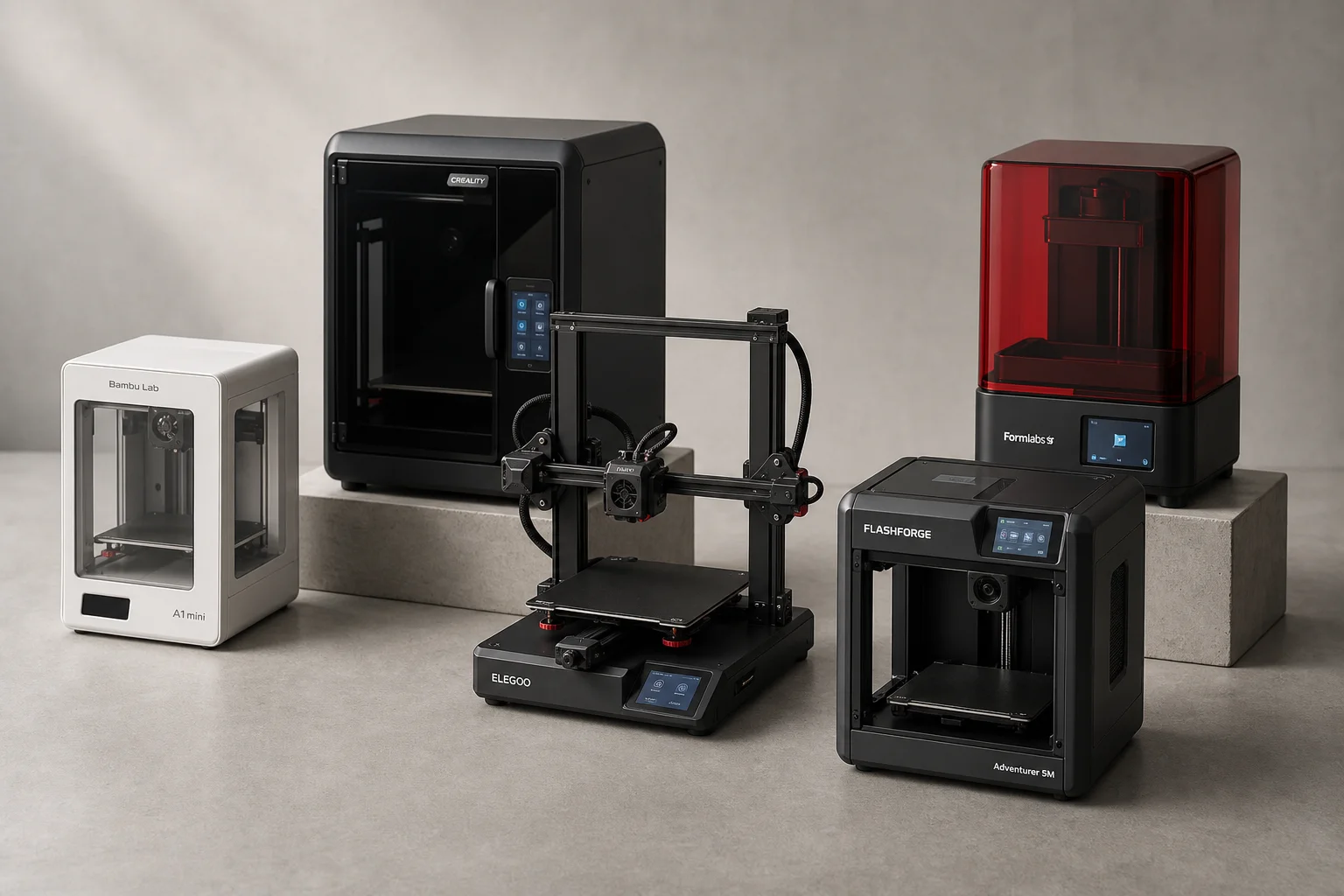 Five 3D printers displayed on concrete surface showing variety of FDM and resin models