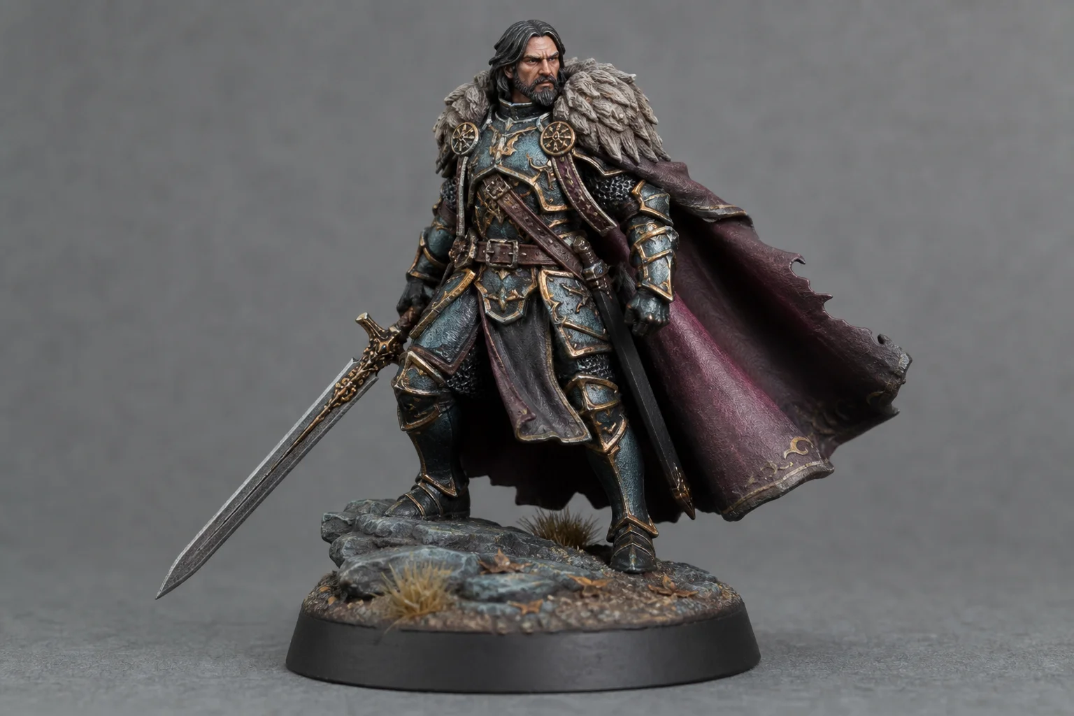 Close-up of a detailed miniature figure with sharp armor textures and facial features