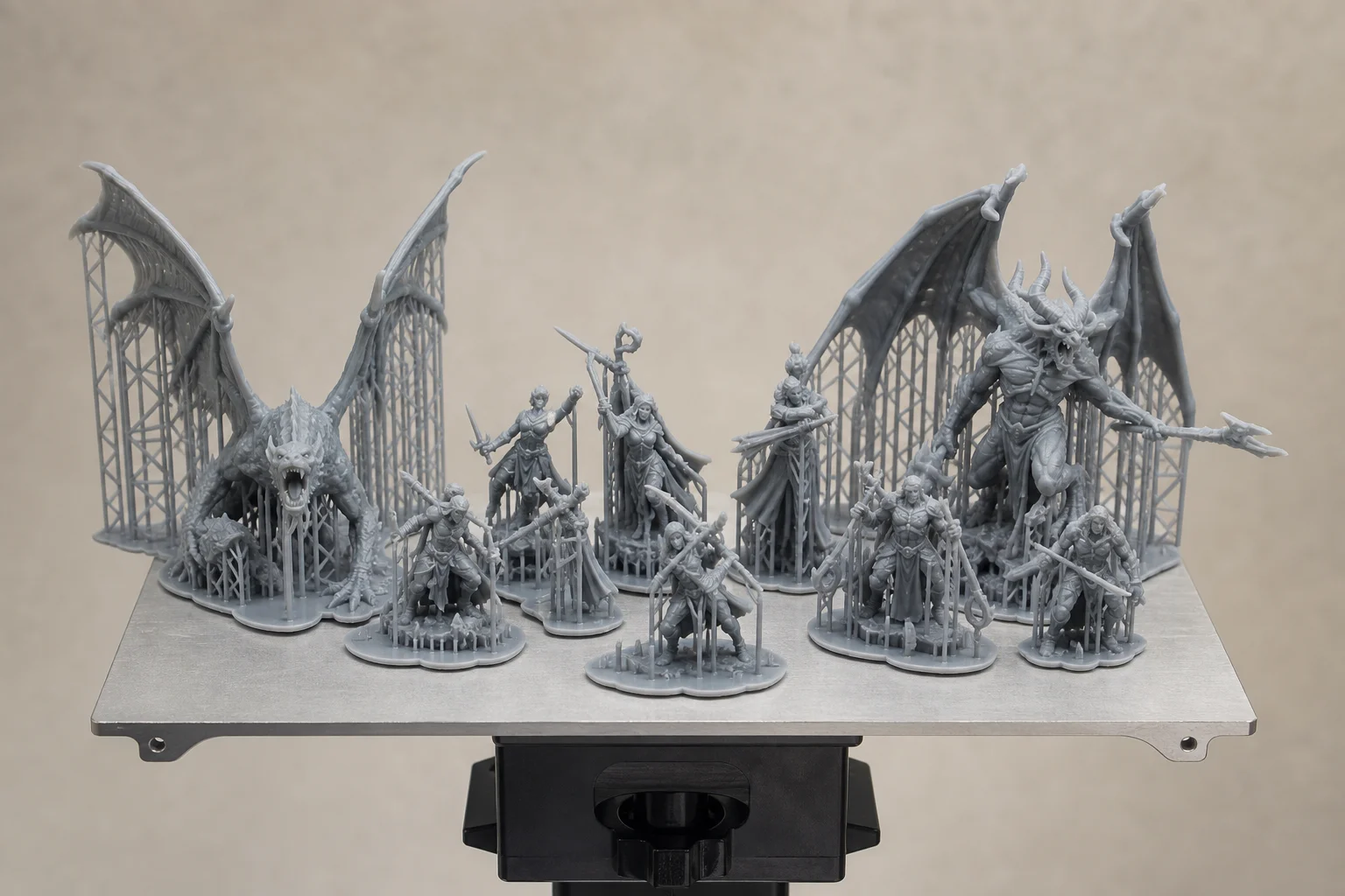 Resin 3D printer build platform with multiple miniature figures arranged in a single batch
