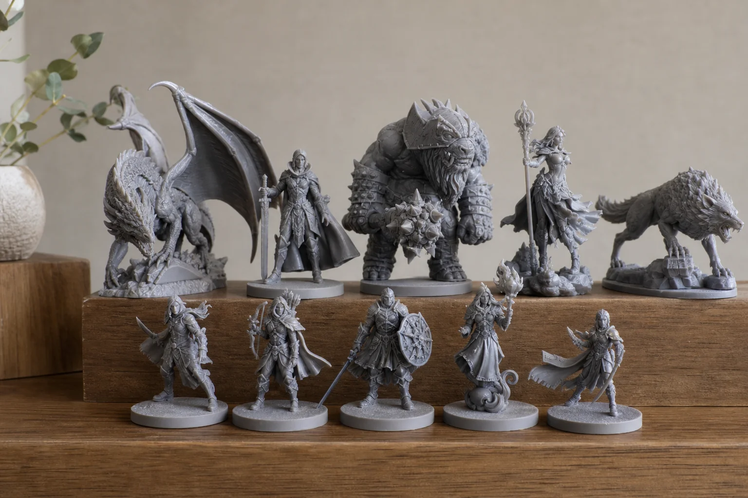 Finished miniature figures displayed on a shelf with sharp detail and smooth surfaces