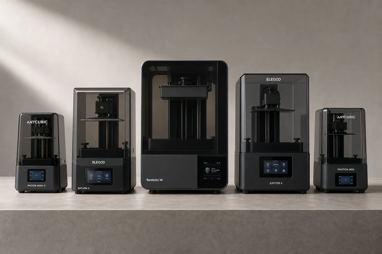 Five resin 3D printers displayed on concrete surface showing various sizes and designs