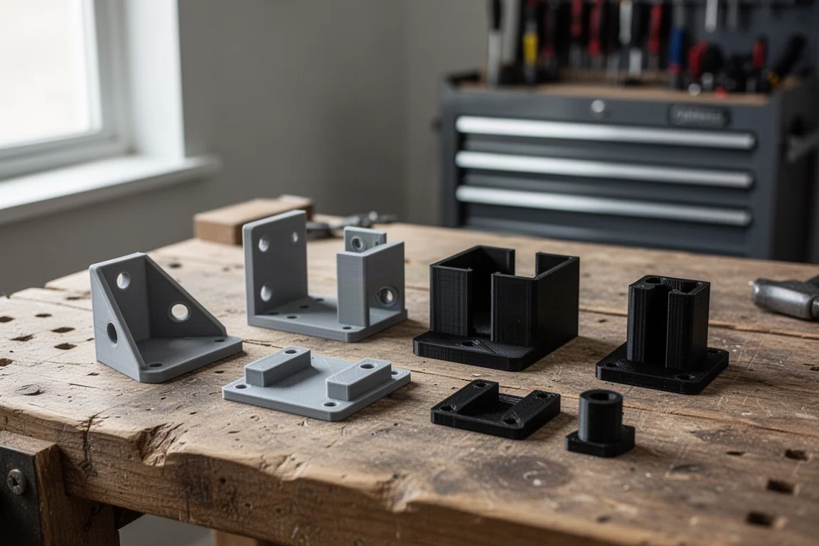Werkbank met 3D-geprinte gereedschapsaccessoires en hulpmiddelen uitgespreid op een werkbank