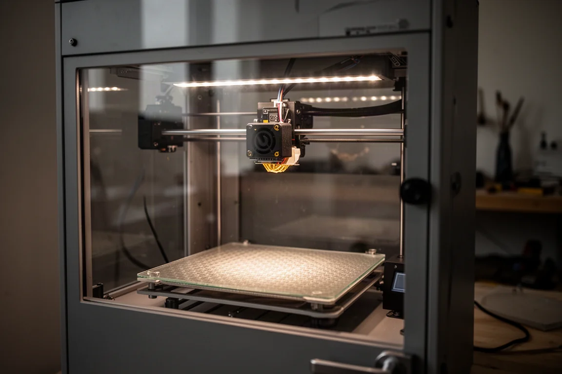 Afgesloten behuizing van een 3D-printer met binnenverlichting aan en een print in uitvoering