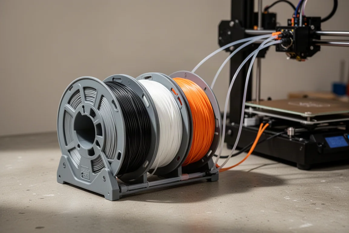 Meerkleurig filamentsysteem met vier spoelen naast een printer