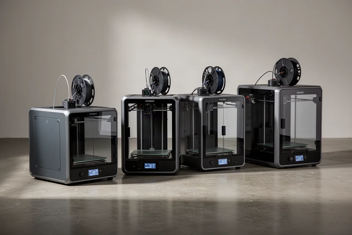 Lineup of four enclosed desktop 3D printers of varying sizes on a concrete floor