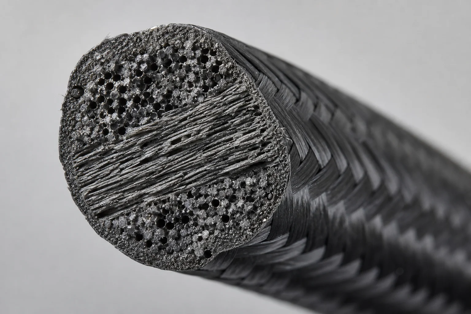 Vue microscopique d'une section transversale de filament renforcé en fibre de carbone