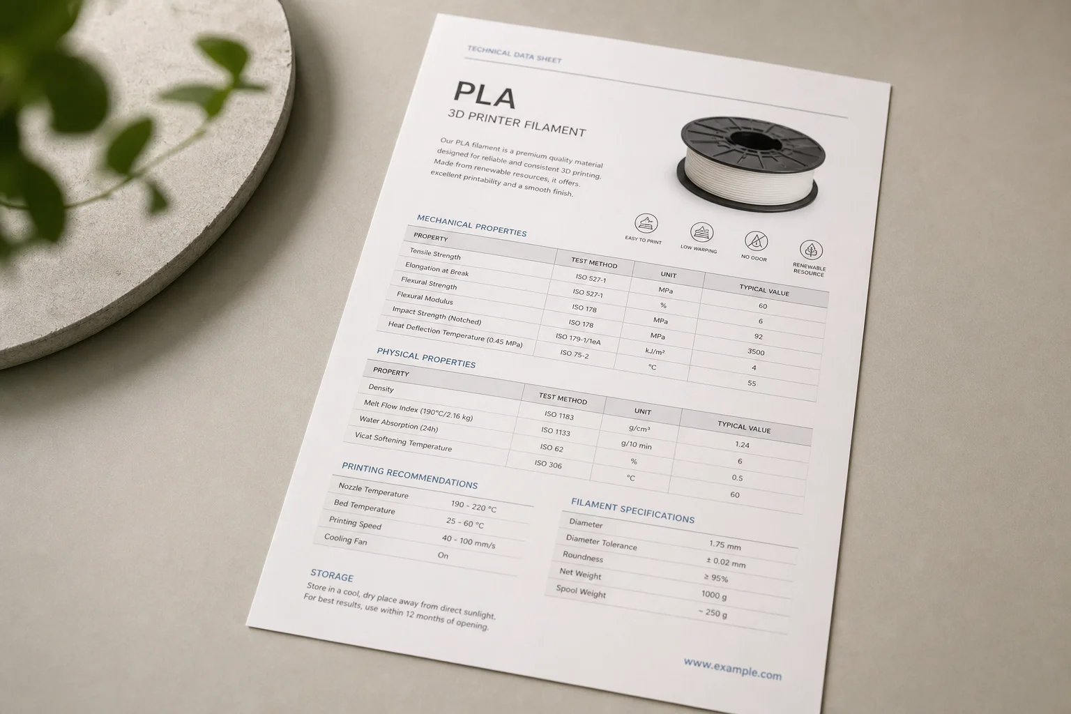 Fiche technique avec des graphiques de propriétés mécaniques et des spécifications