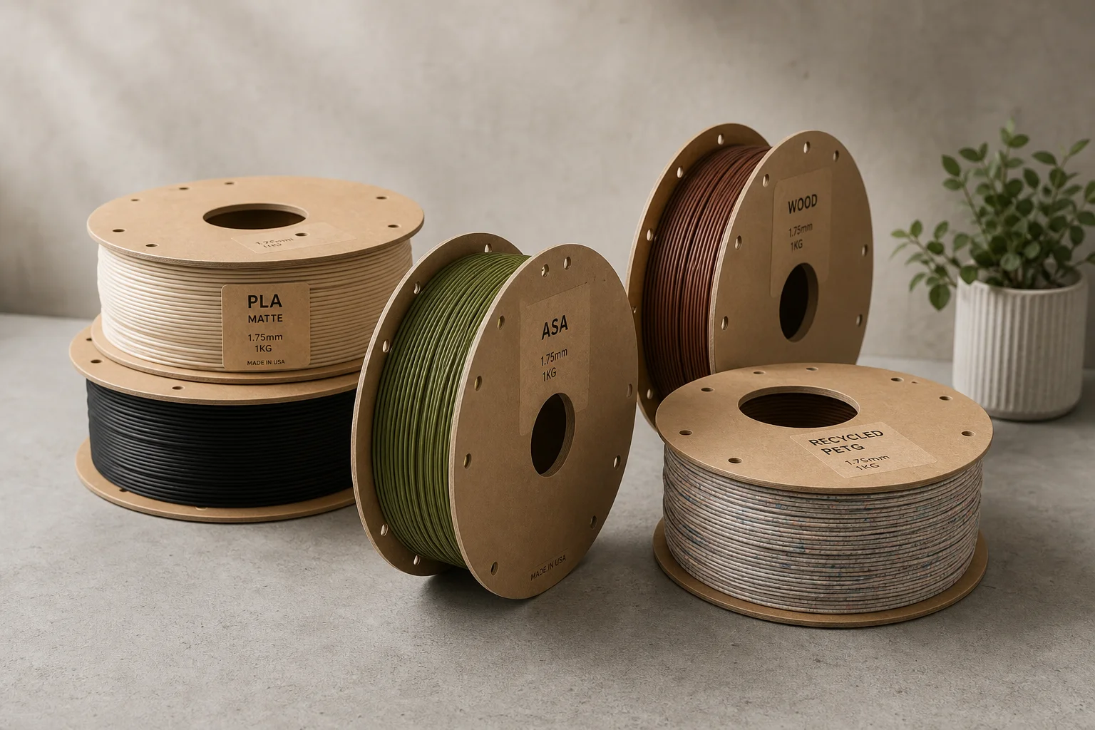 Collection of colorful 3D printer filament spools on concrete surface