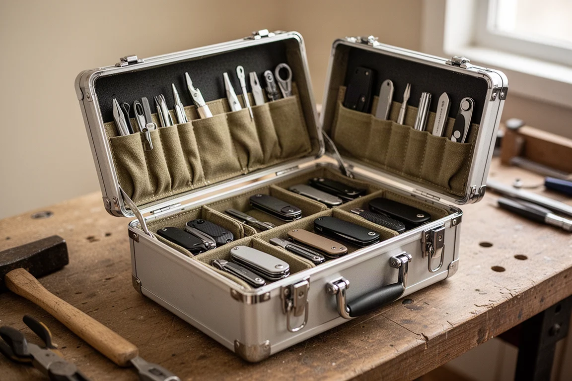 Boîte à outils ouverte avec de petits outils EDC soigneusement rangés dans les compartiments