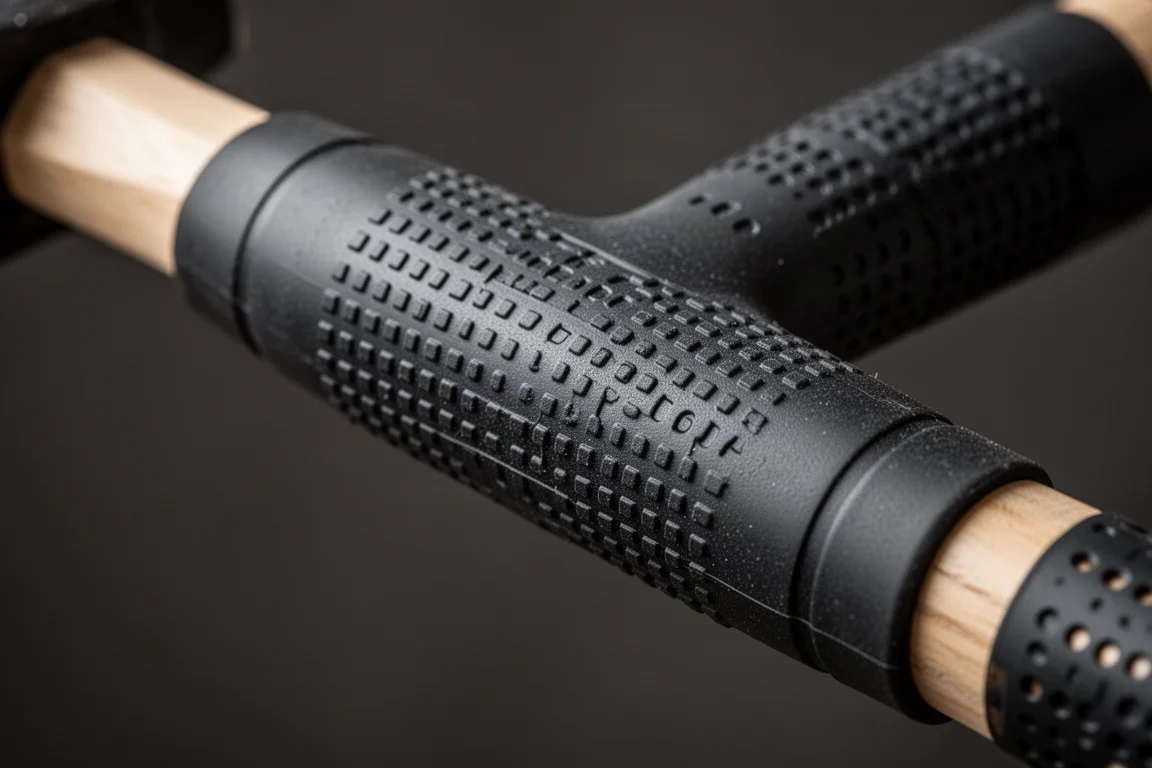 Close-up van een rubberen hamergrip met zichtbare textuur op de steel