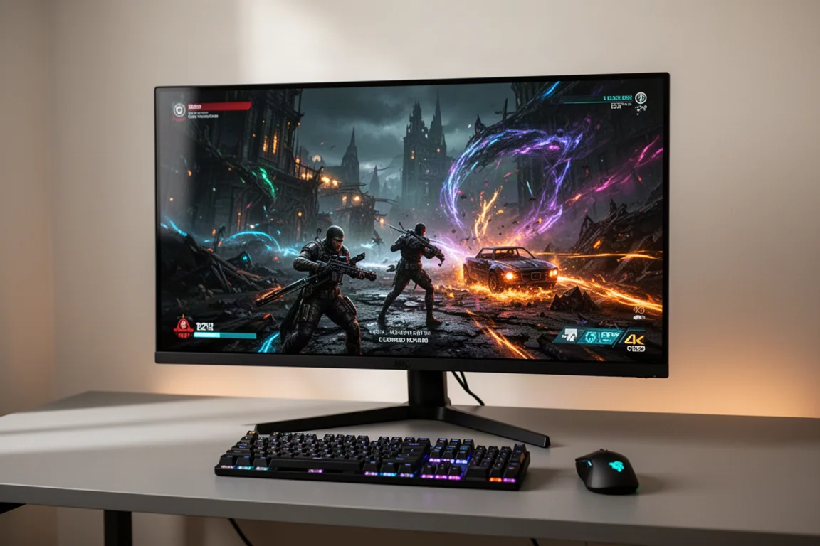 Gaming setup with a 32-inch 4K OLED monitor displaying a vibrant game scene