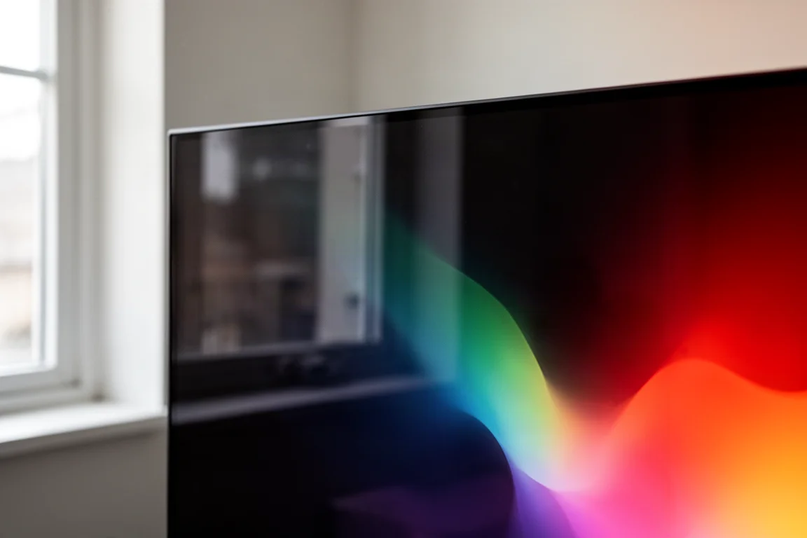Close-up of a monitor's glossy OLED panel reflecting a bright room