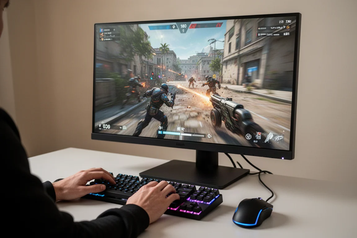 Gamer playing a competitive title on a 27-inch 4K monitor with fast motion