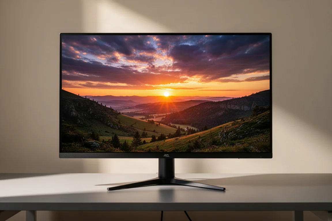 Mini-LED monitor displaying a bright HDR scene with deep contrast