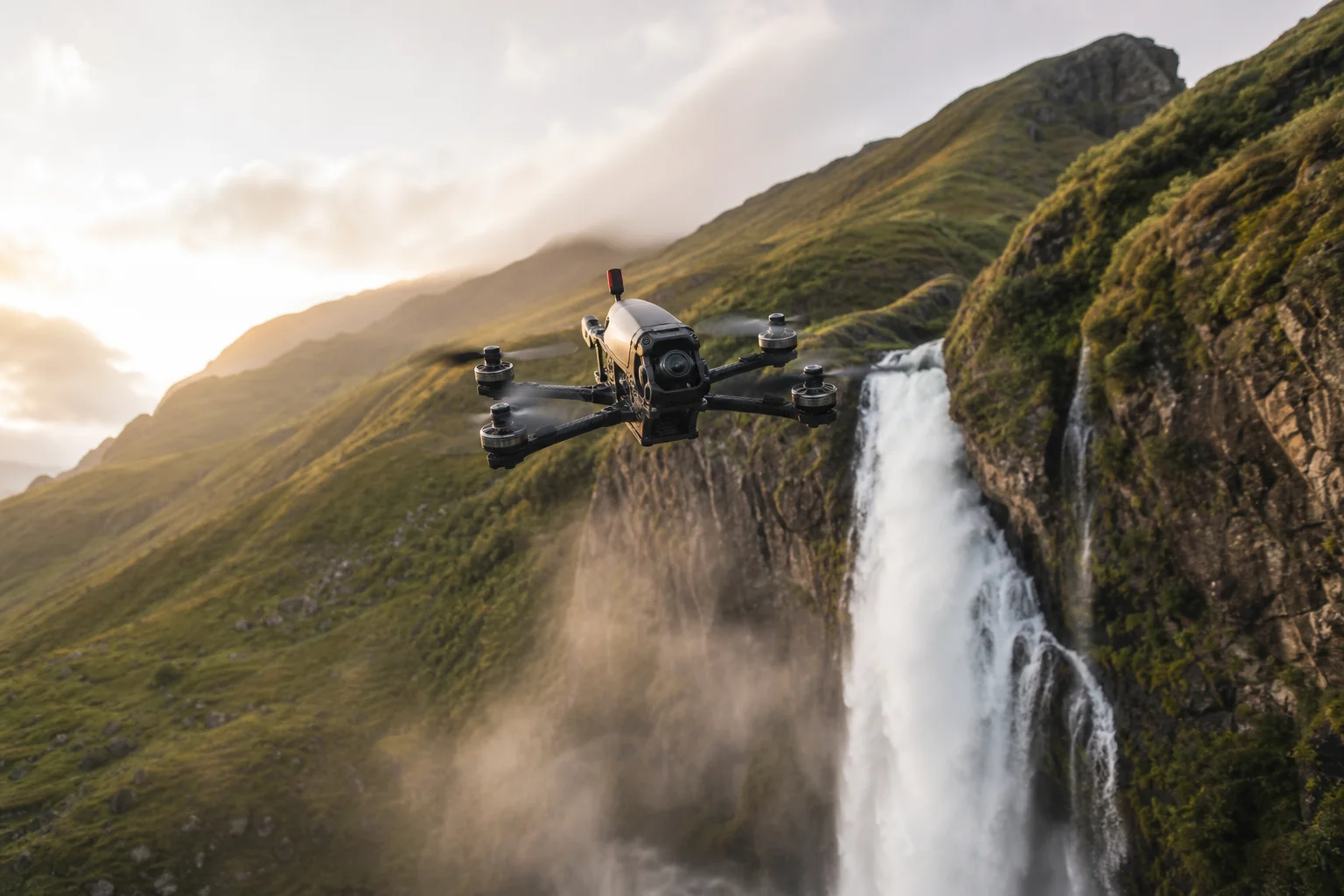 FPV drone in flight over mountainous terrain with waterfall