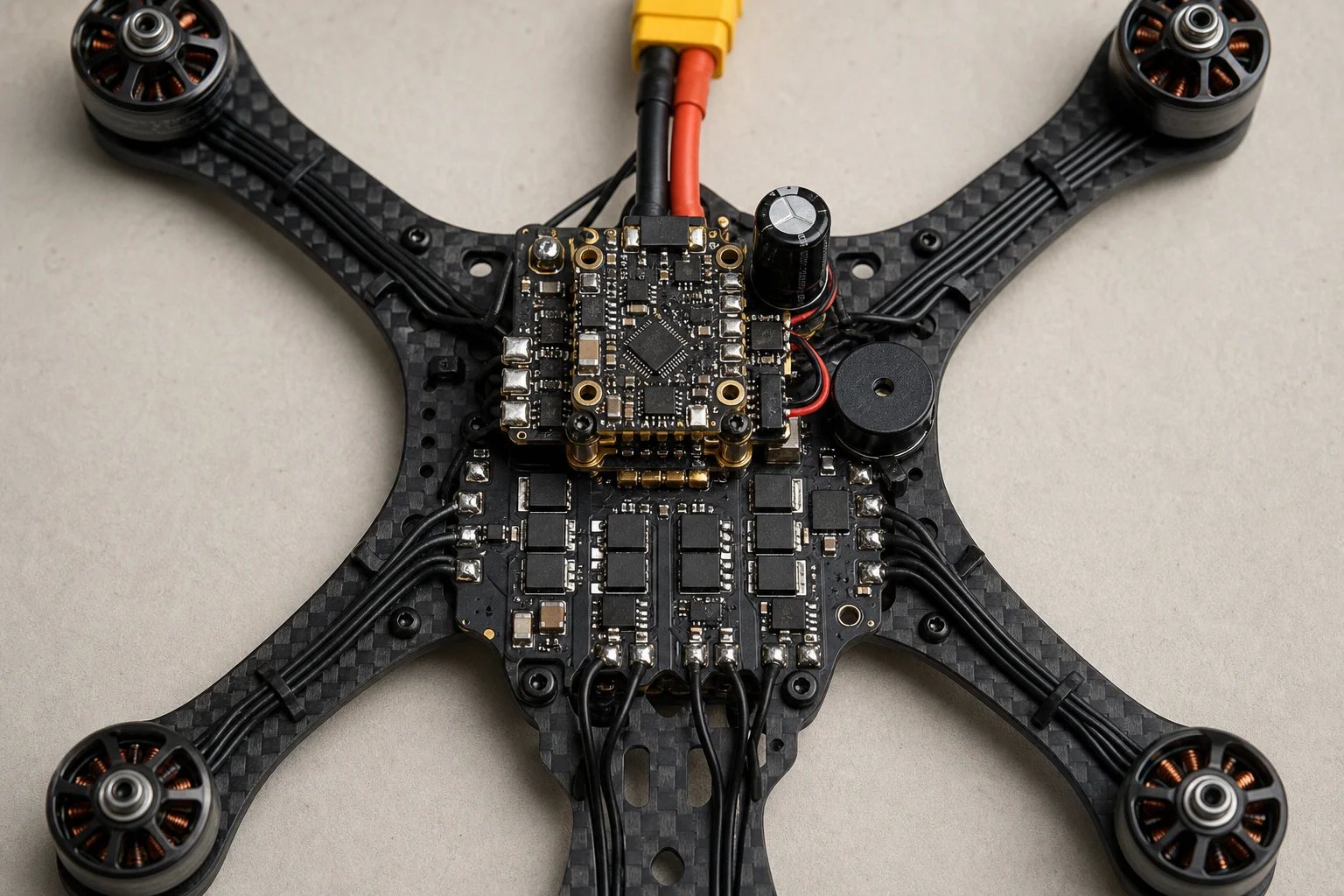 Overhead view of FPV drone electronics stack showing flight controller and ESC