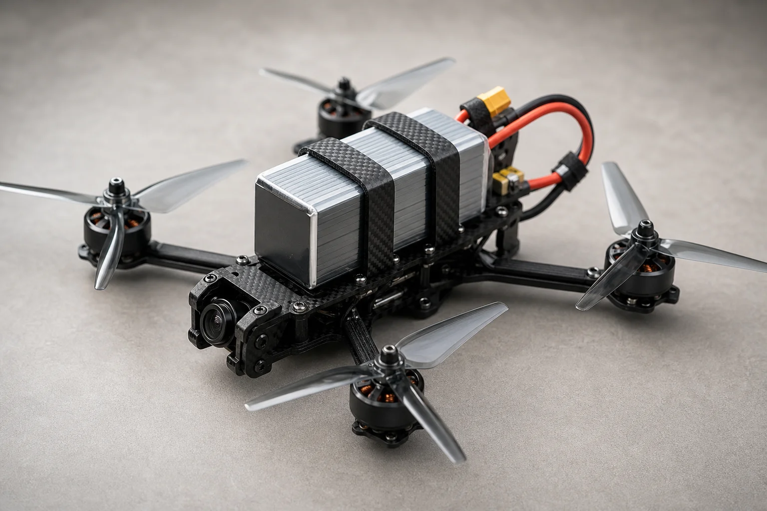 FPV drone with oversized lithium-ion battery pack mounted for long-range flight