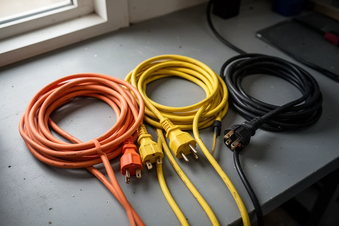 Varios cables de extensión enrollados con enchufes moldeados sobre una mesa de taller