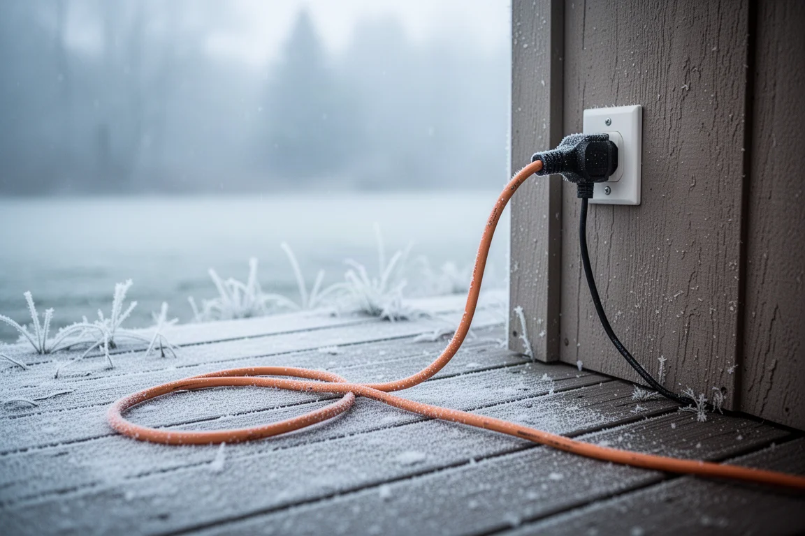 Cable de extensión enchufado a una toma exterior en una helada mañana de invierno