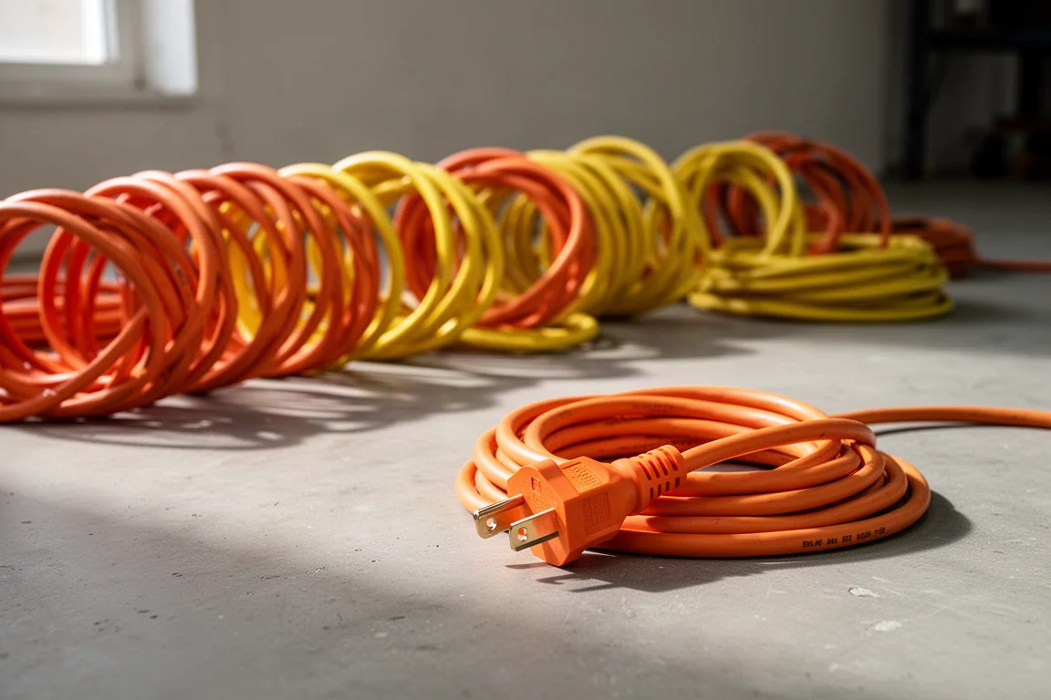 Coiled orange and yellow extension cords arranged on a concrete workshop floor