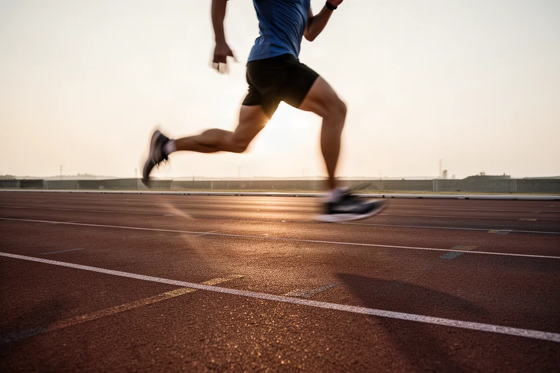 Löpare som accelererar på en bana i soluppgången under ett 5K-pass