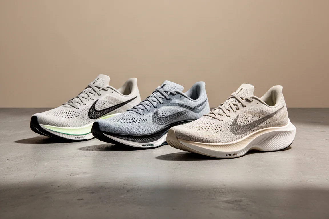 Three lightweight racing shoes lined up on a concrete surface