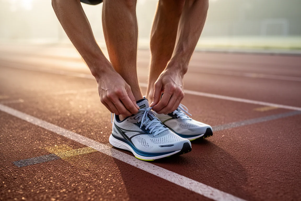 Runner lacing up lightweight racing shoes before a speed workout on a track