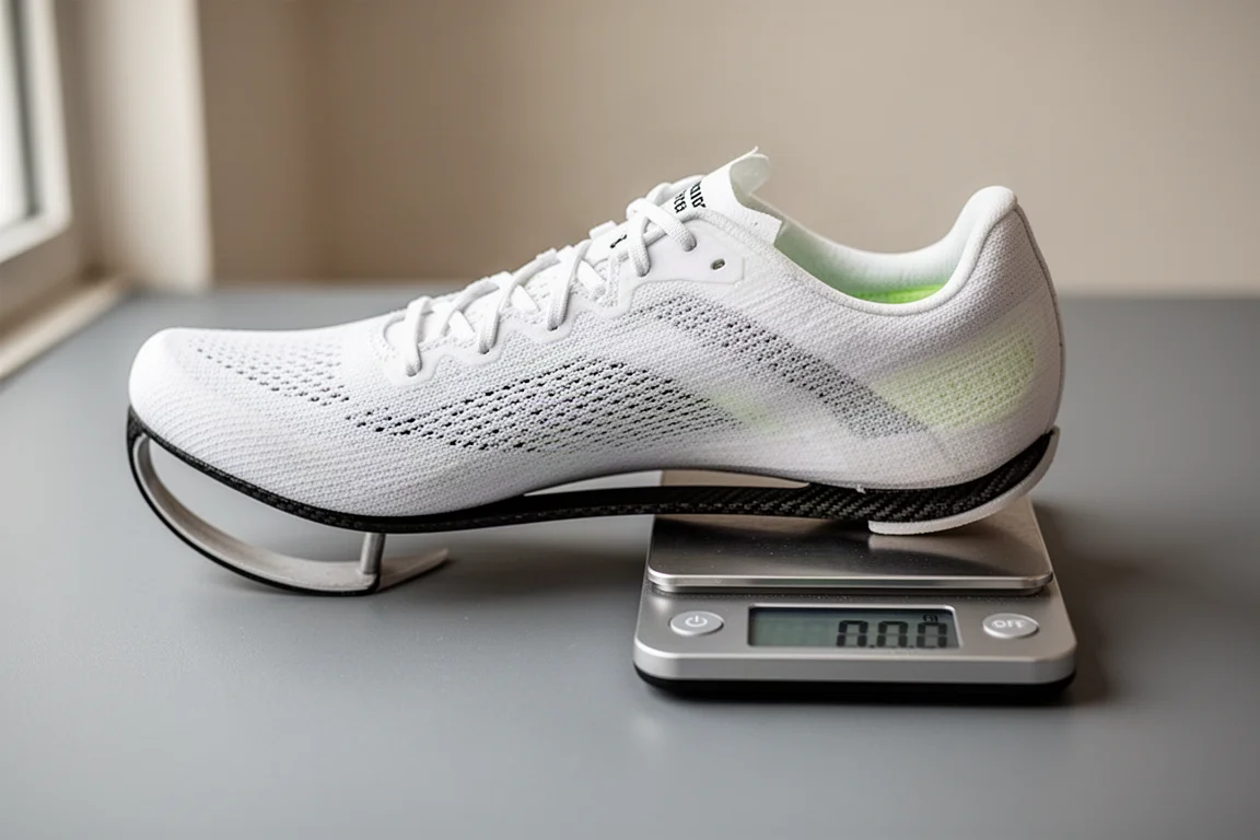 Racing shoes on a scale showing extremely low weight