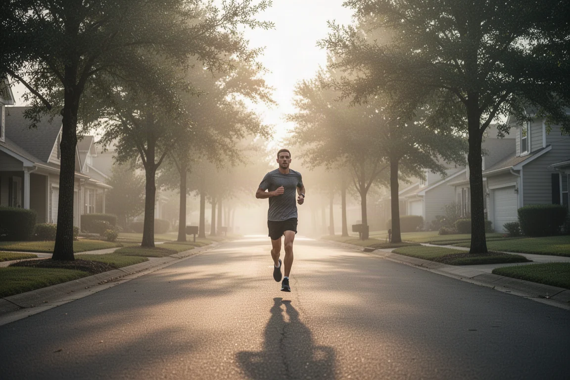 Runner jogging an easy warm-up on a quiet suburban street at dawn