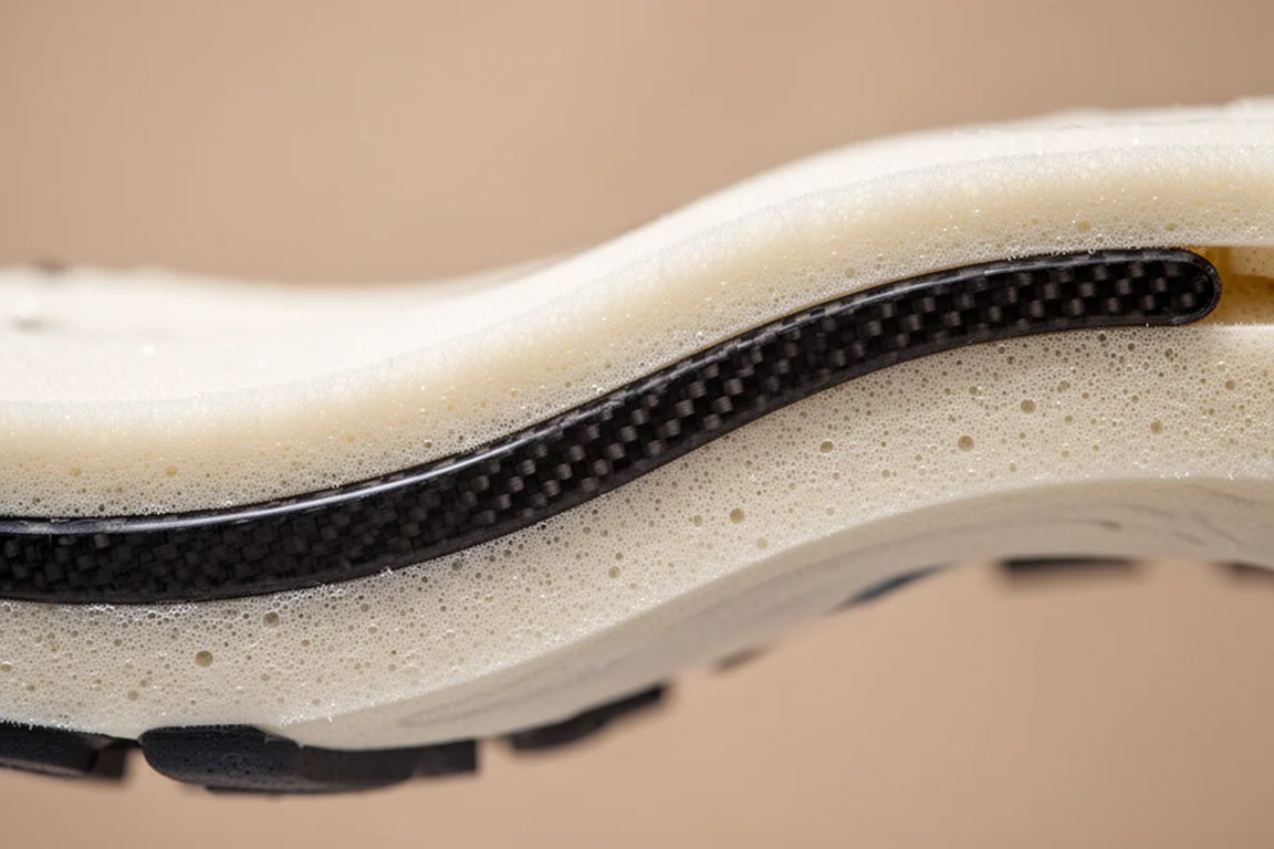Close-up of a racing shoe midsole showing the curved carbon plate edge