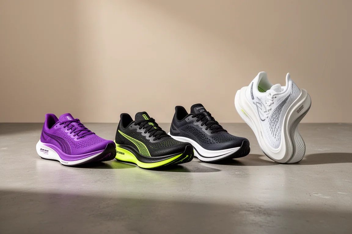 Four running shoes lined up on a concrete surface for comparison