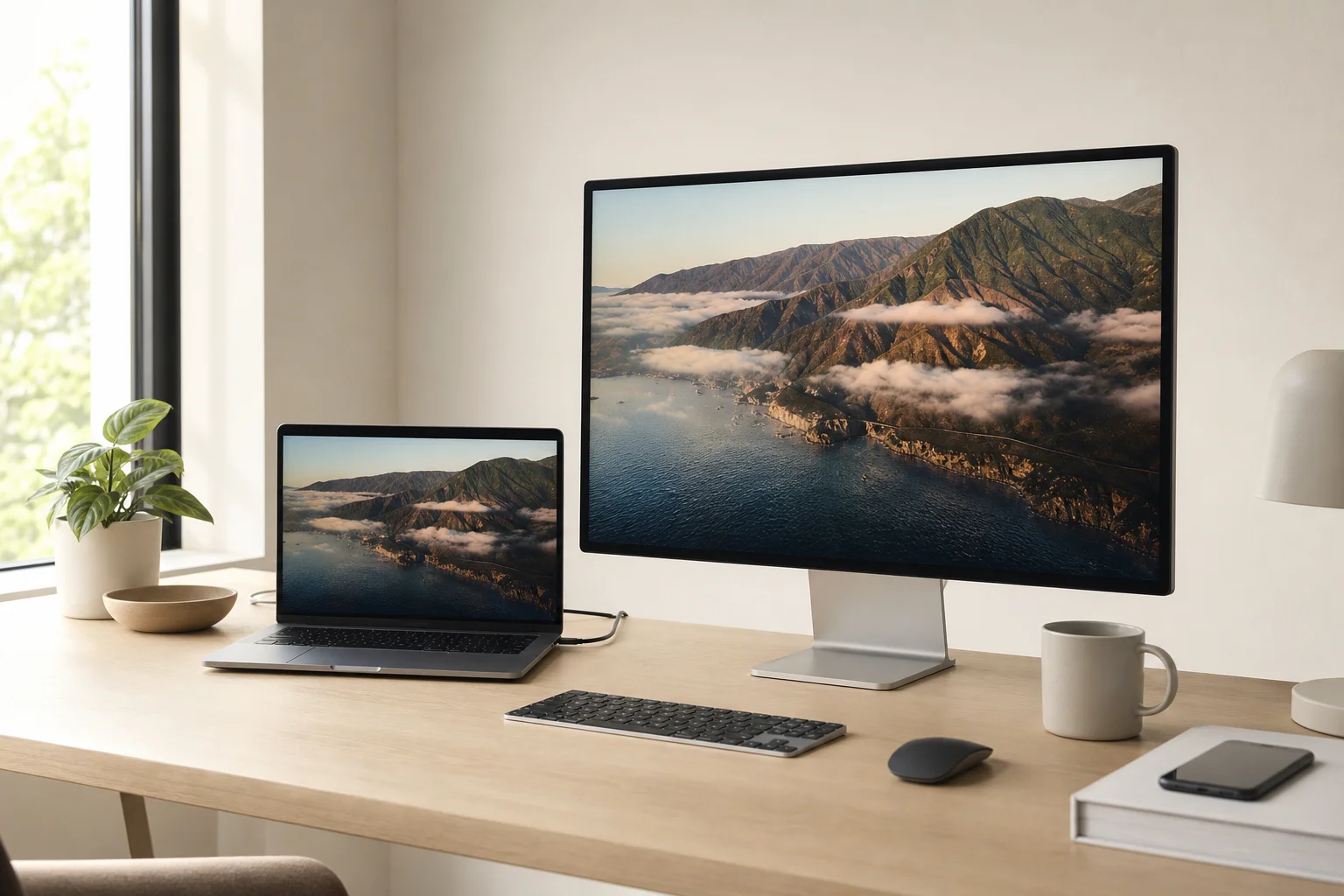 전문적인 작업 공간에서 5K 디스플레이 옆에 배치된 Mac 노트북