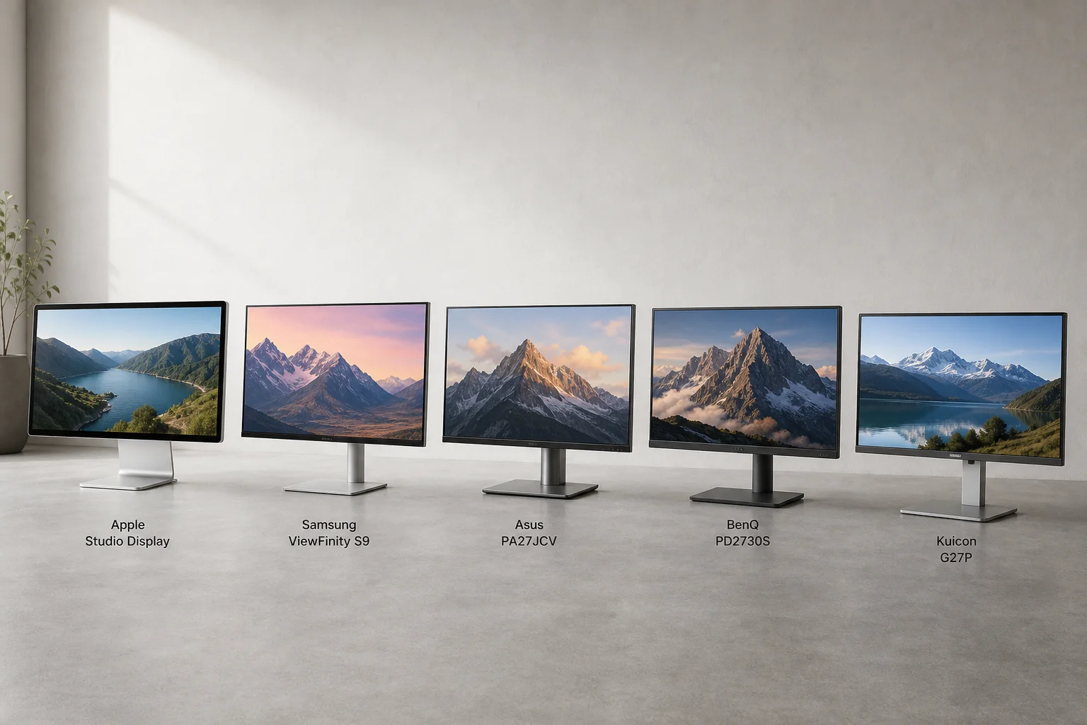 Fünf 5K-Displays für Mac auf einer Betonoberfläche angeordnet