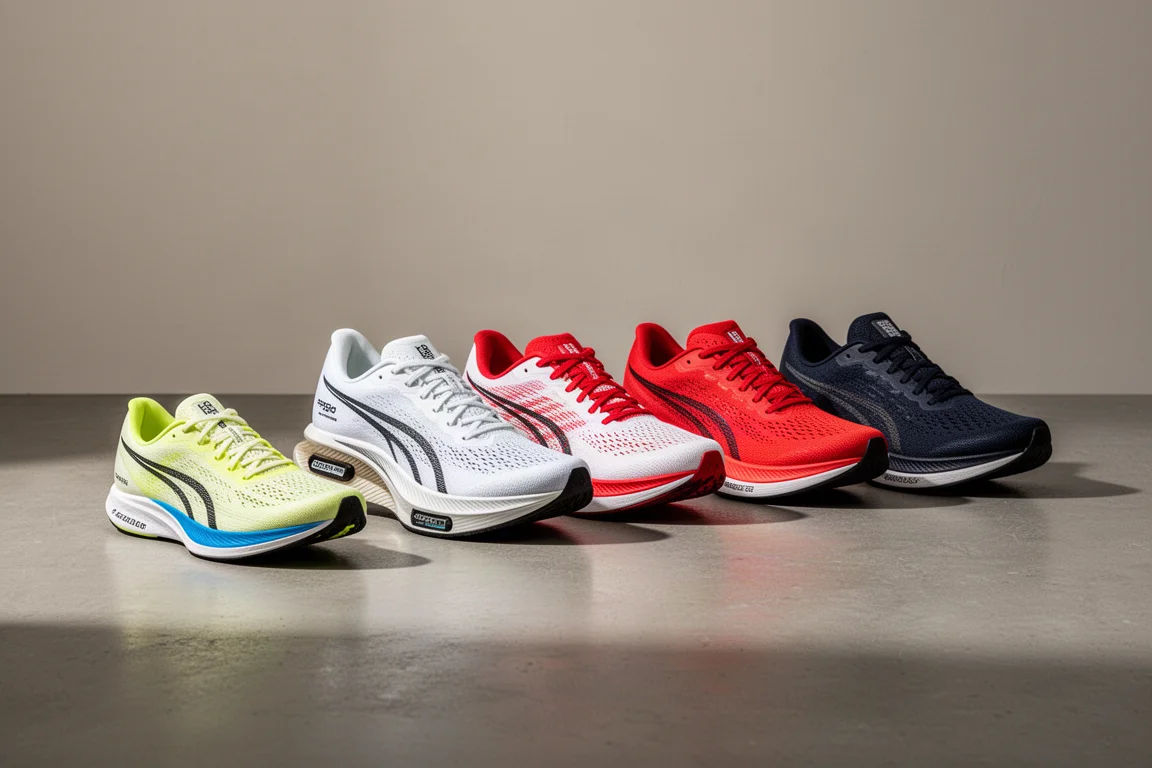 Five racing shoes lined up on a grey concrete floor