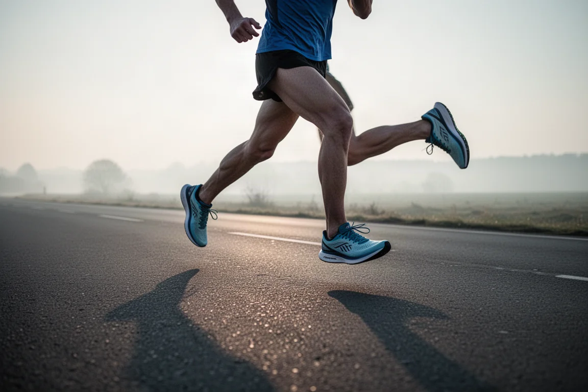 Runner sprinting on an open road at dawn in lightweight racing shoes